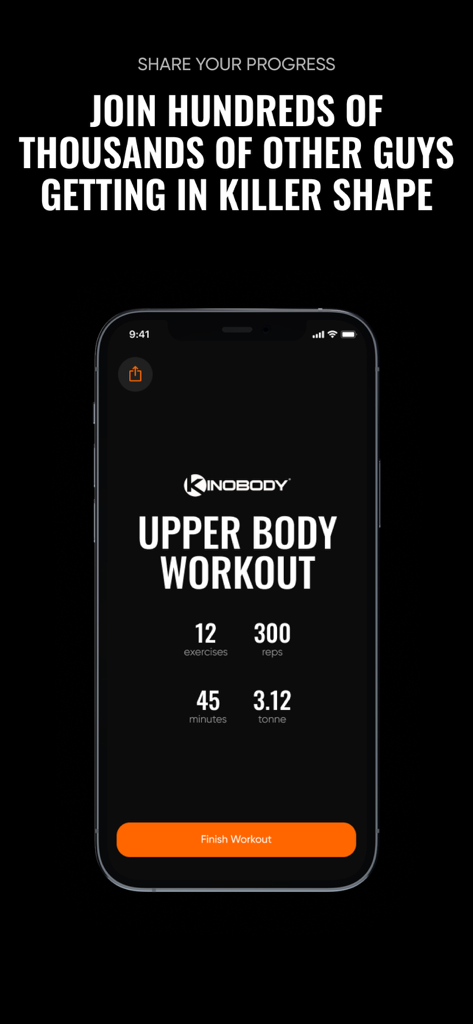 Kinobody Fitness - Kinobody Fitness app workout summary showing upper body exercises reps and total time