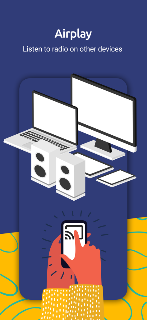 Infographic showing the Airplay feature to stream Greek radio on laptops monitors and speakers