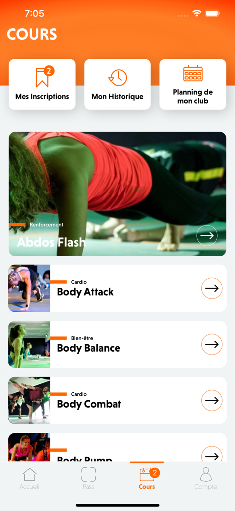 The easyGym Fitness app screen showing a list of group classes like Body Attack and Body Combat for easy booking.