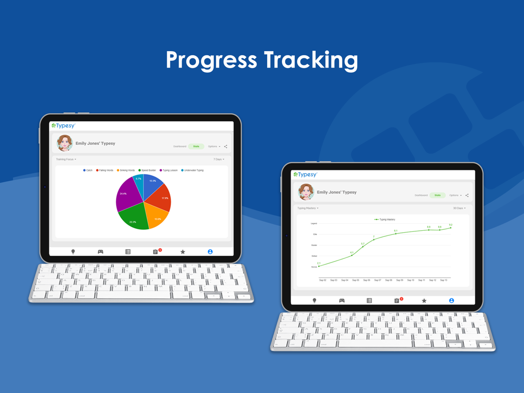 Typesy app on two iPads with keyboards displaying typing progress tracking charts and analytics.