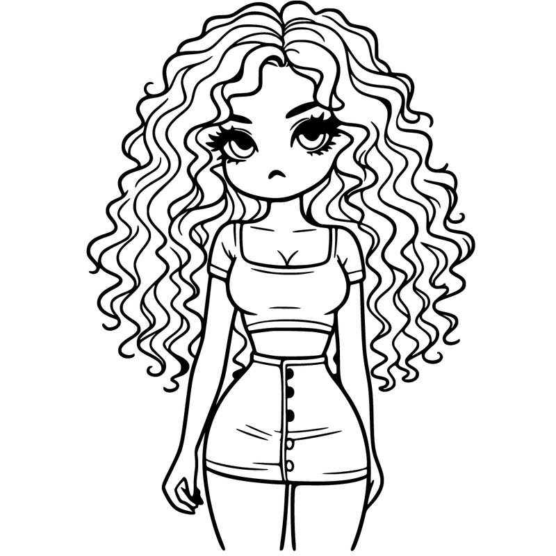 crop top girl with very short skirt and curly long hair
