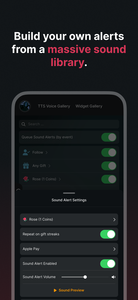 Tikfinity Mobile interface showing sound alert settings for TikTok Live gifts