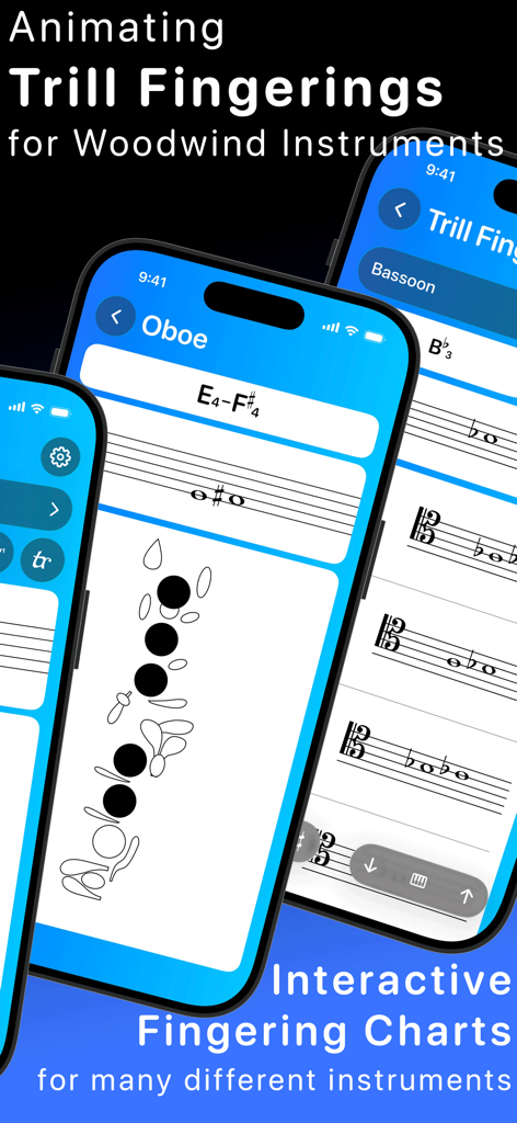 Mobile app interface showing interactive trill fingering charts for woodwind instruments like the oboe and bassoon