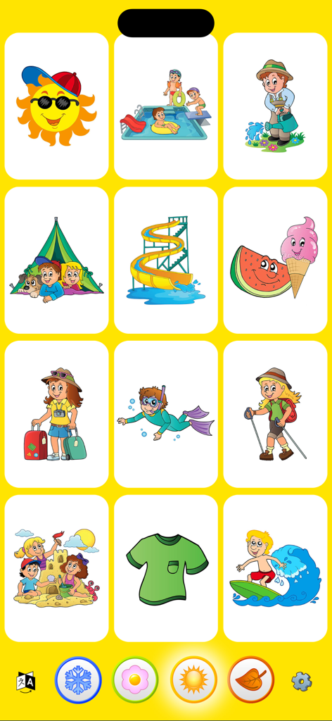 Sound Touch - Seasons (School) - Educational grid of summer-themed interactive cards for children featuring swimming, hiking, and beach activities