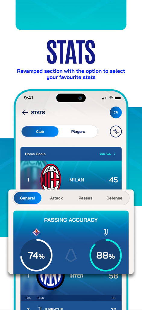 Schermata delle statistiche dell'app ufficiale di Serie A che mostra la classifica delle squadre e il confronto della precisione dei passaggi