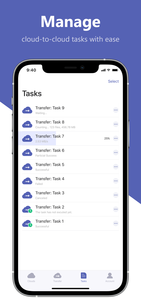 MultCloud - Screenshot do iPhone da aplicação MultCloud mostrando uma lista de tarefas de transferência de ficheiros de nuvem para nuvem e os seus estados