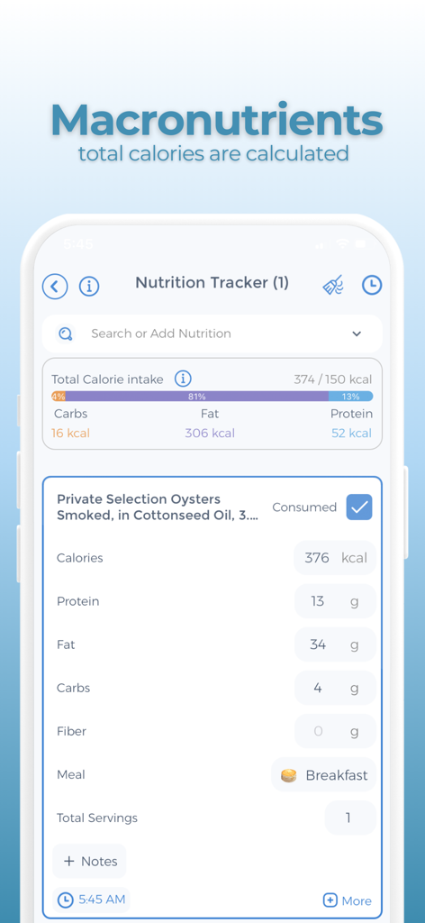Interface do aplicativo Esana mostrando um rastreador de nutrição com totais de calorias e macronutrientes