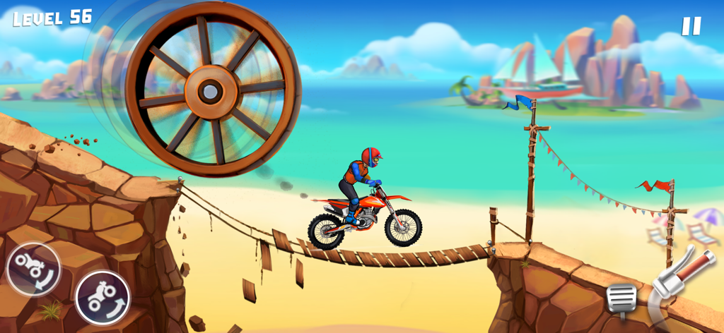 Moto Bike Race Motorcycle Game - Um motociclista em um nível de praia atravessando uma ponte de madeira para evitar um obstáculo de roda gigante.