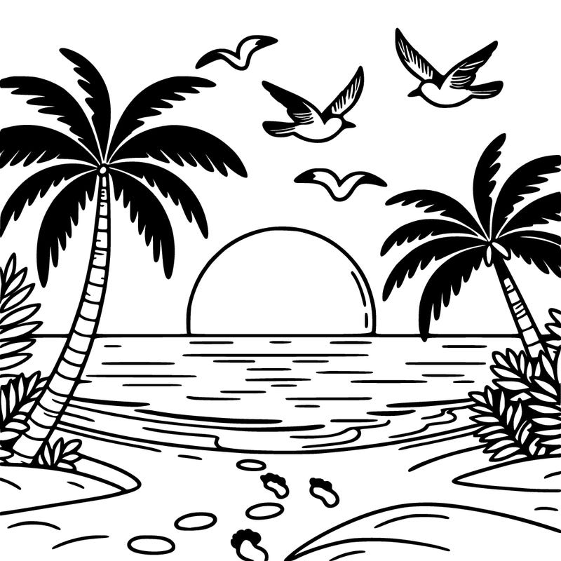 sunset at the beach with palm trees and birds