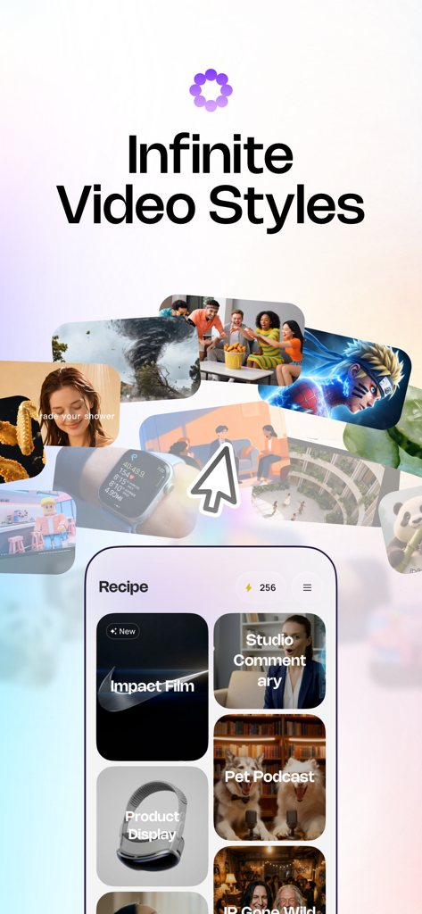 Medeo - AI Video Generator - Medeoアプリのインターフェース。様々なAI動画スタイルとテンプレートが表示されています。