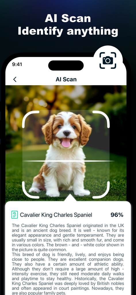 AI Morph & FaceLab - Mobile app screenshot of the AI Scan feature identifying a Cavalier King Charles Spaniel puppy with a ninety-six percent match score and breed description.