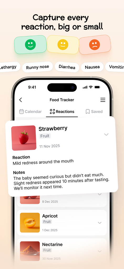 BabyPlate app interface showing a food reaction log for a strawberry with clinical notes and symptom tags
