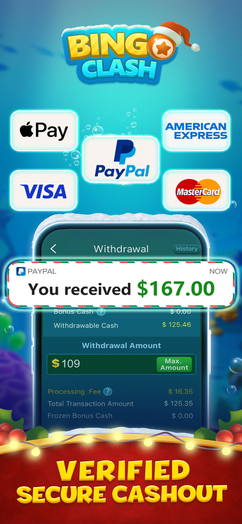 Pantalla de la aplicación Bingo Clash que muestra opciones de retiro seguras que incluyen PayPal, Apple Pay y Visa con una notificación de "efectivo recibido"