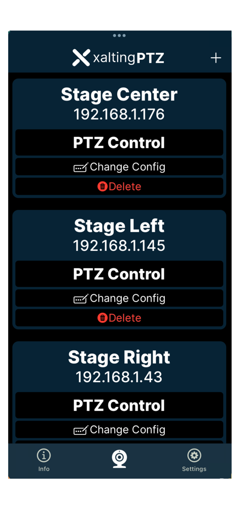 Xalting PTZ app screen showing a list of configured cameras for Stage Center, Stage Left, and Stage Right with their respective IP addresses.