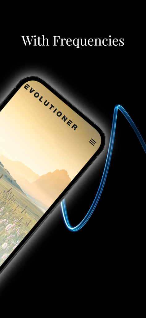 Smartphone screen displaying Evolutioner app interface with sound frequency graphics and a scenic background