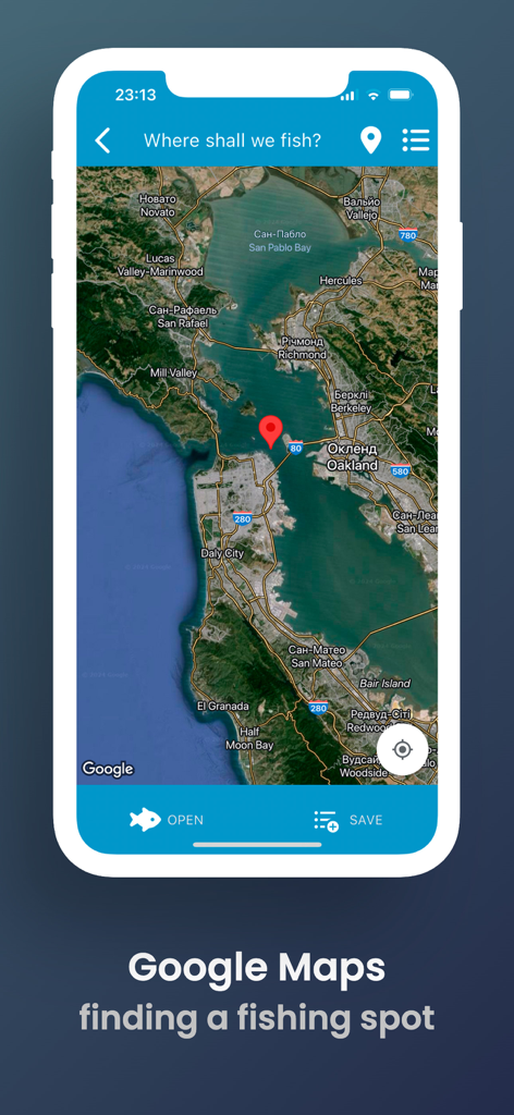 Fishing Forecast app interface showing a Google Maps satellite view for finding fishing spots