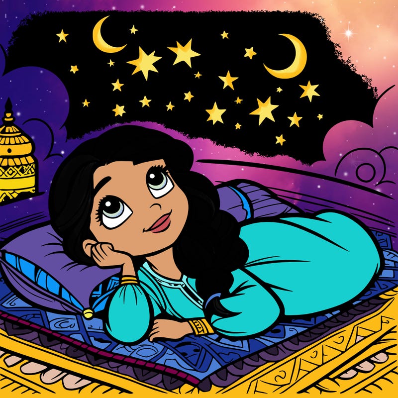 a princess lying on her back on a blanket, looking up at the stars with a dreamy expression.