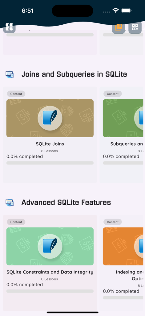 結合および高度な機能のためのSQLiteコースモジュール。進捗バーが表示されています。