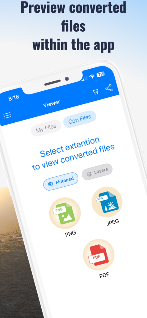 PNG、JPEG、PDFオプションを備えた変換済みファイルビューアインターフェースを表示するPSDビューアおよびコンバーターアプリのスクリーンショット