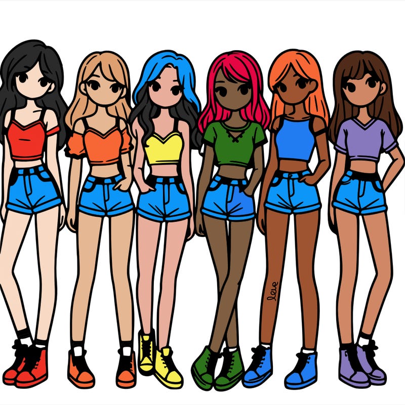 a group of girls wearing crop tops and shorts