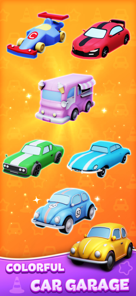 Toy Car: Traffic Jam - A collection of various colorful 3D toy cars and an ice cream truck in the garage