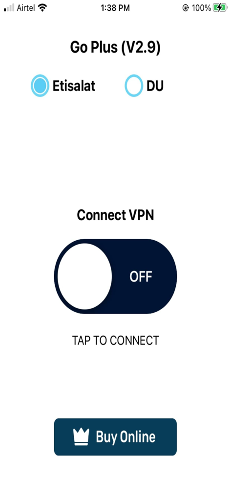 User interface of Go Plus VPN showing a large connection toggle and network provider selection