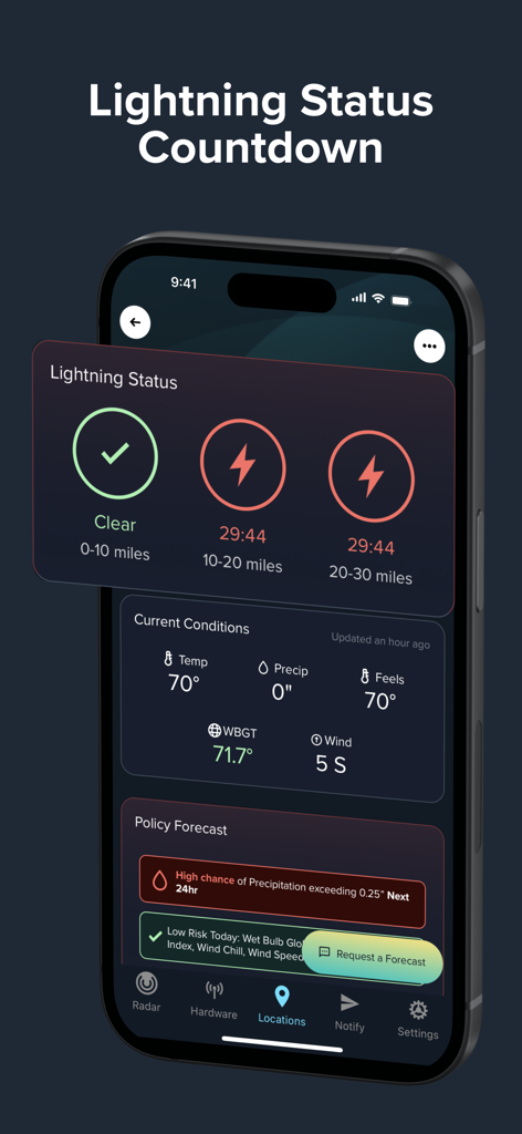 Perry Weather - Perry Weather app dashboard showing lightning status countdown and safety policy alerts
