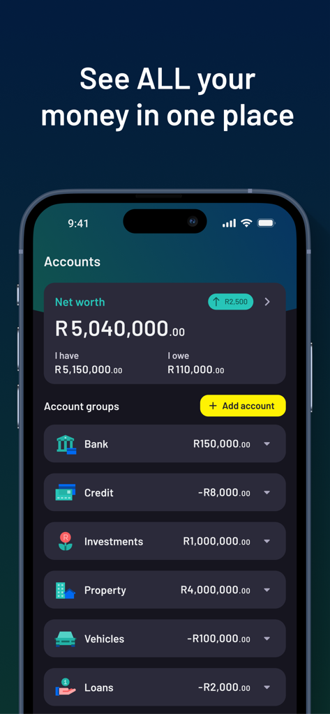 Vault22 - Vault22 mobile app interface showing a total net worth dashboard with categorized financial accounts for bank credit and investments