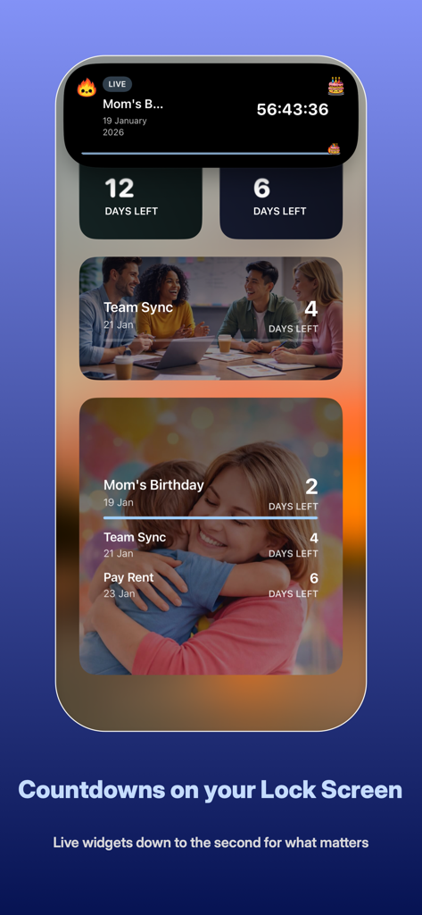 Daystreak: Countdown - iPhone lock screen showing Daystreak countdown widgets and live activities for birthdays and work meetings