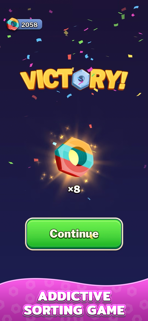 Victory screen from Nut Sort Games showing a nut reward and continue button after winning a level