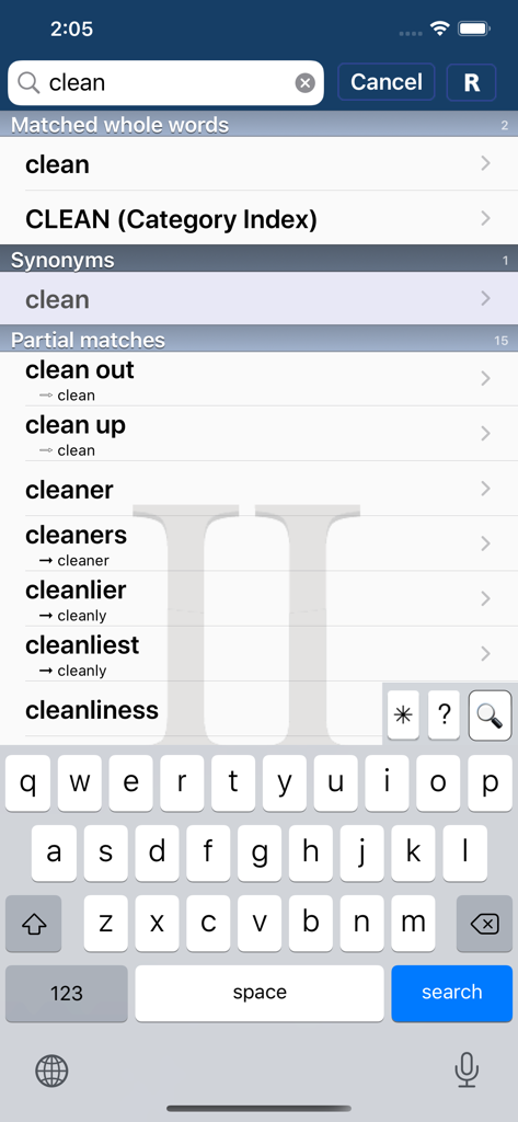Roget's II: New Thesaurus - Search results screen in the Roget's II New Thesaurus app showing synonyms and partial matches for the word clean
