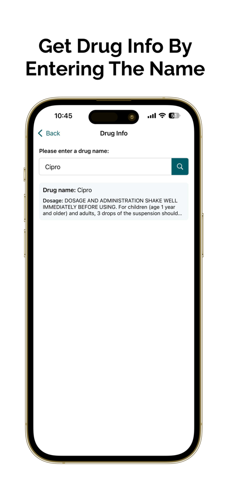 Nurse AI app screenshot showing the drug information search interface with dosage details for Cipro