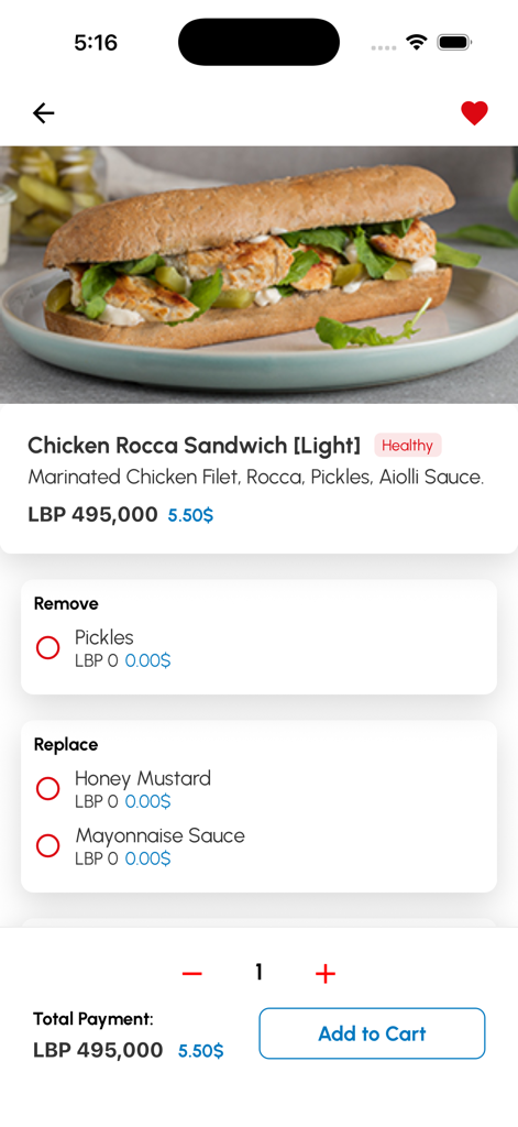 Hawa Chicken - Pedido y personalización de un sándwich de pollo en la aplicación móvil Hawa Chicken