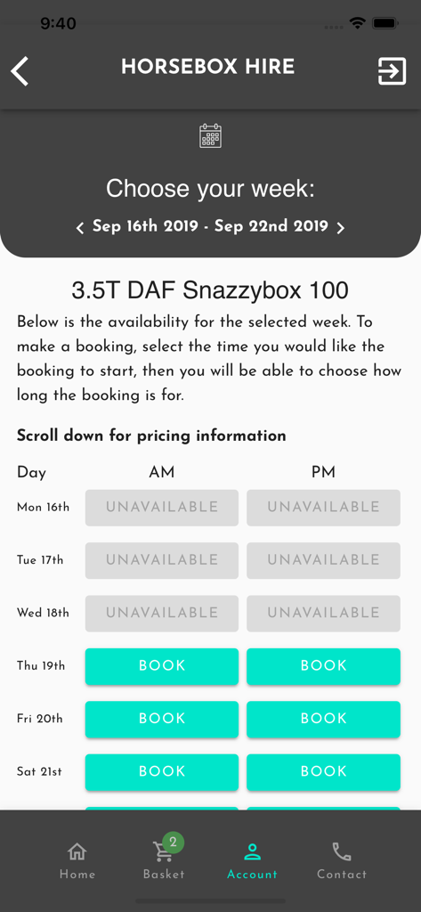 EC Pro (UK) - Horsebox hire booking screen within the EC Pro app showing weekly availability for horse trailers.