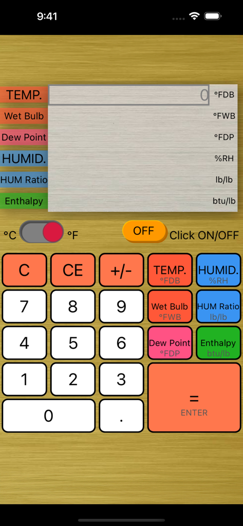 Calculator of Air - Main screen of the Calculator of Air app showing numeric keypad and air property parameters