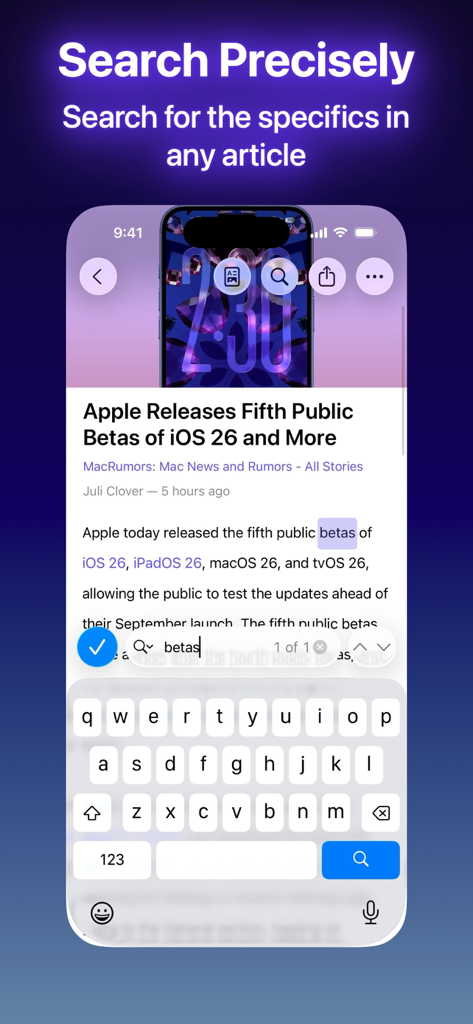Elytra - Elytra app interface showing the precise search feature highlighting a keyword within a news article on an iPhone.