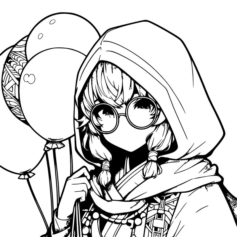 hot anime girl wearing a hood and has cute glasses holding balloons covering part of her face and blank background