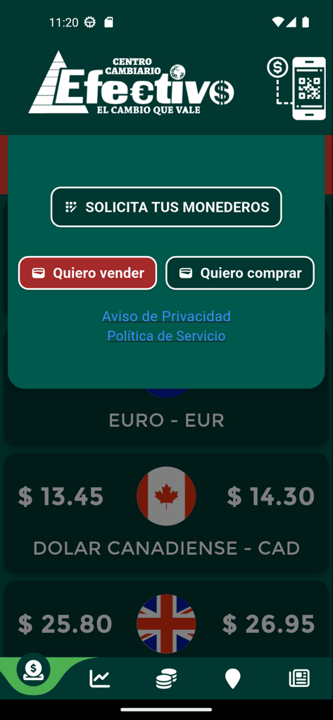 Centro Cambiario Meritrade - Interface of the Meritrade app showing current exchange rates for Canadian dollars and British pounds with buy and sell options