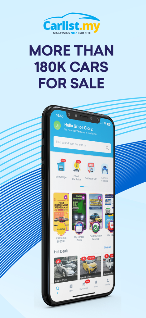 Smartphone displaying the Carlist.my app home screen with a headline stating more than 180,000 cars for sale.