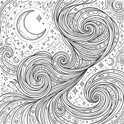 Immerse yourself in the enchanting beauty of the cosmos with this captivating Vortex Spirals Night Time coloring page. Delicate lines depict swirling energy, a serene crescent moon, and a sky full of twinkling stars, inviting you to add your unique touch of color.