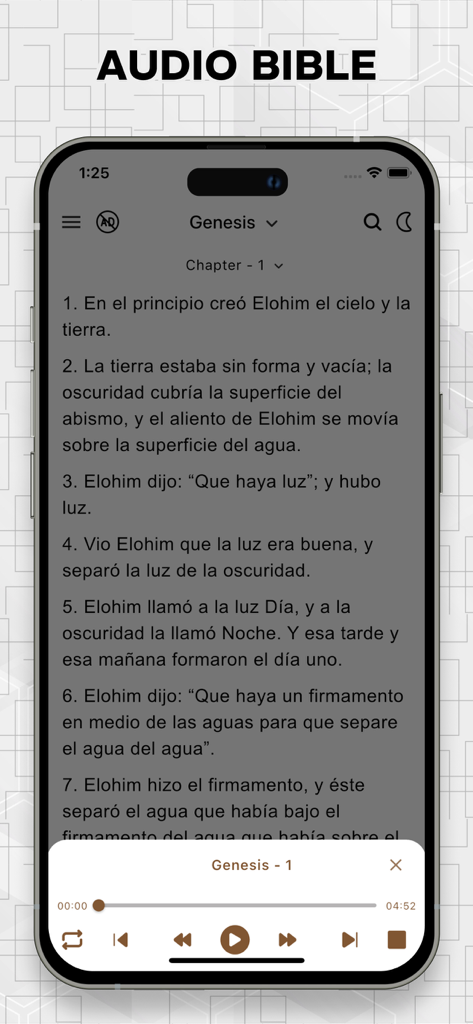 Biblia Israelita Nazarena, VIN - Interface of the Biblia Israelita Nazarena app showing the audio bible player and text of Genesis in Spanish