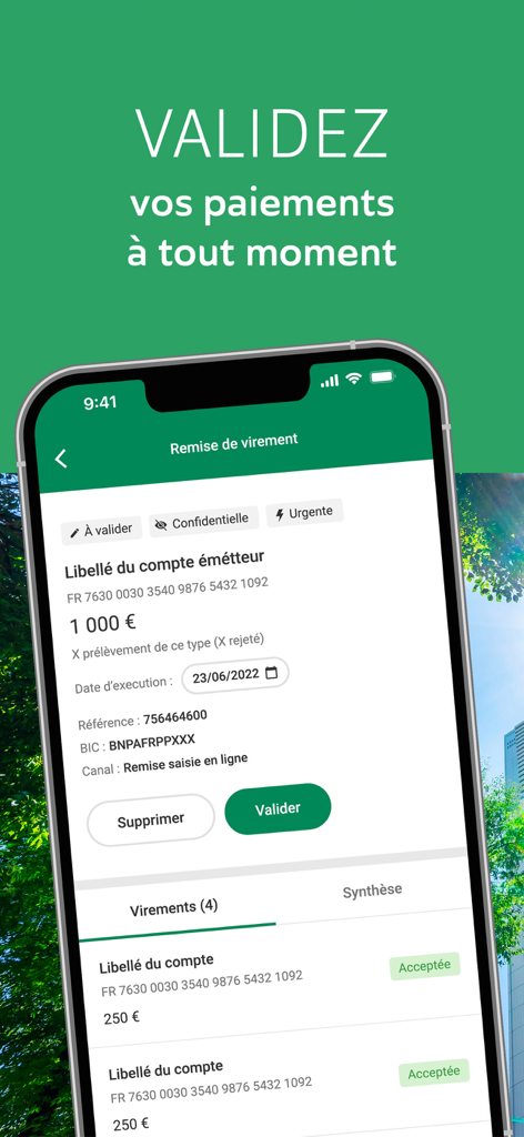 Payment validation interface in the Ma Banque Entreprise corporate banking app