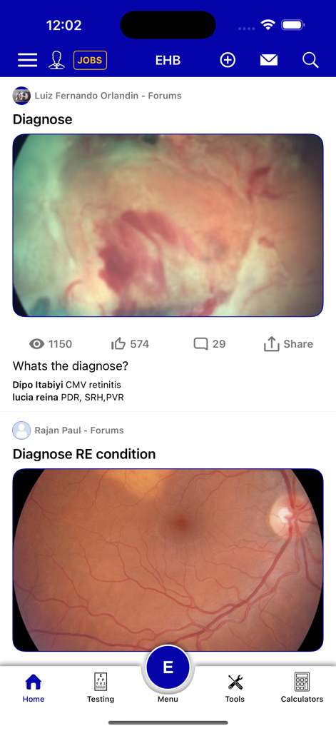 Eye Handbook - Eye Handbook app peer-to-peer forum showing clinical ocular images and diagnostic discussions among eye care professionals.