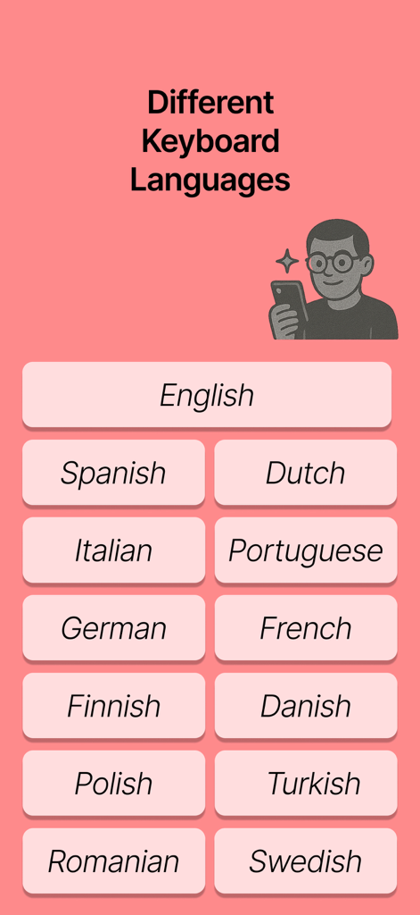 Tela de menu mostrando vários idiomas suportados pelo Teclado Grande, como inglês, espanhol e francês.
