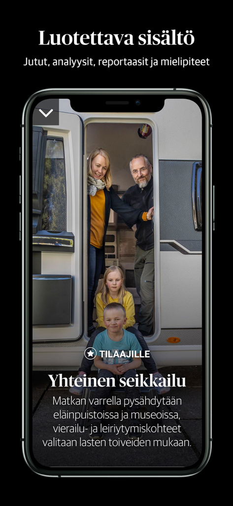 Écran de l'application mobile Kaleva affichant un article exclusif sur le mode de vie pour les abonnés concernant les voyages en famille.