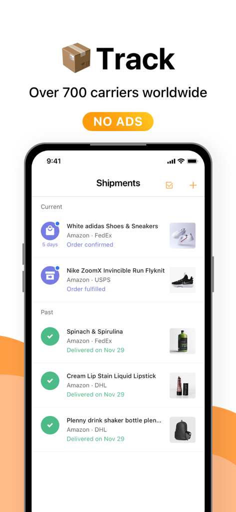 AfterShip Package Tracker - AfterShip app interface displaying a list of current and past tracked packages from different carriers