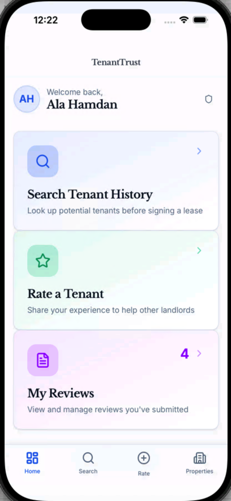 TenantTrust for Landlords - Home dashboard of the TenantTrust for Landlords app featuring tenant search and rating tools.