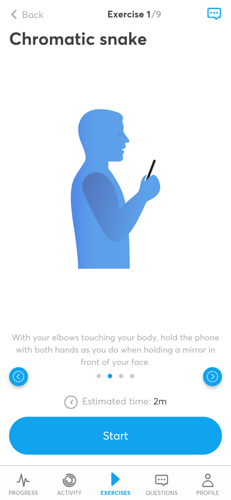 Airway Gym - Airway Gym mobile app showing instructions for a myofunctional therapy exercise titled Chromatic snake