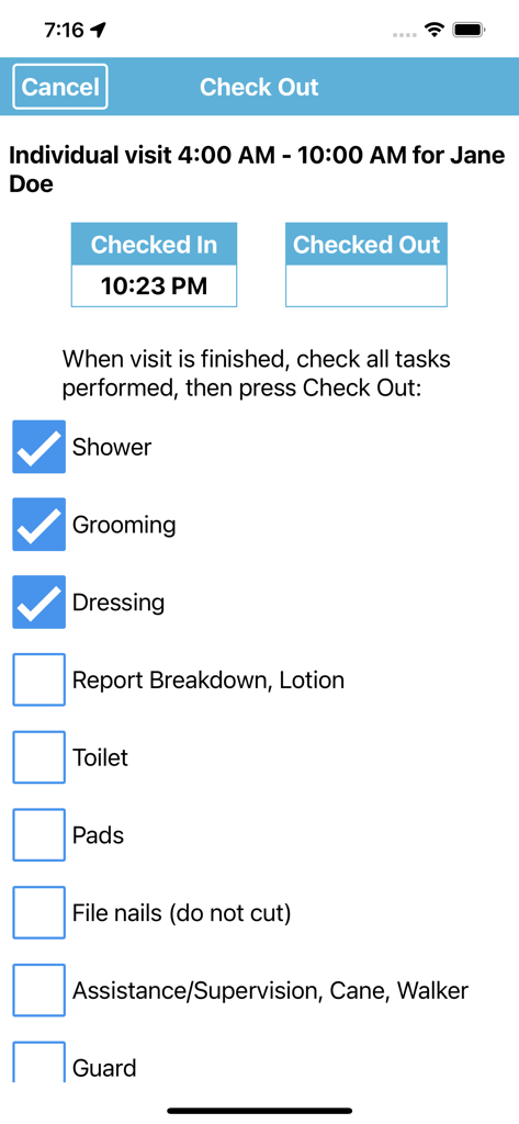 EVV Time - Home health aide task checklist on the EVV Time app checkout screen