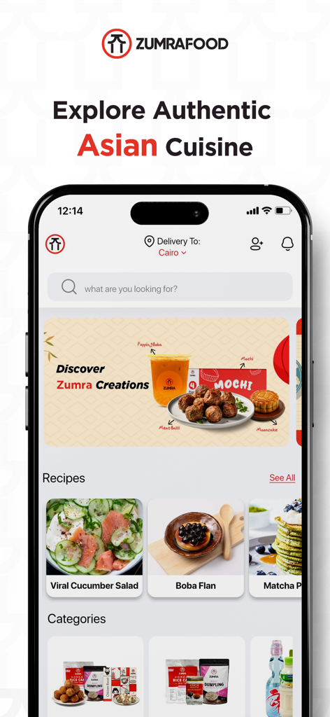 Zumra – Asian Food Delivery - Interfaz de la aplicación Zumra Food que muestra opciones de cocina asiática auténtica y recetas